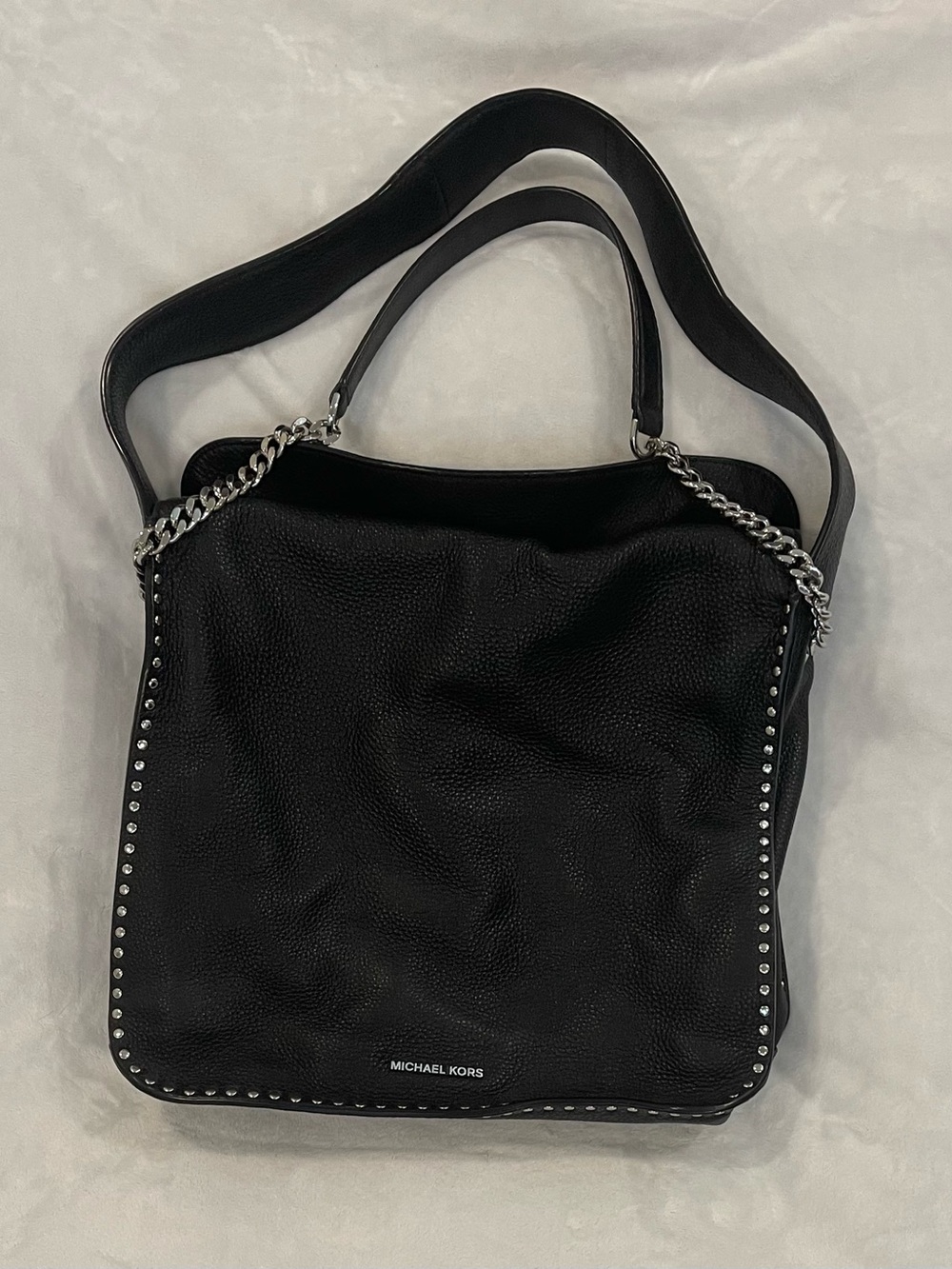 Michael Kors Astor Black Leather Studded Hobo Shoulder Bag with Chain